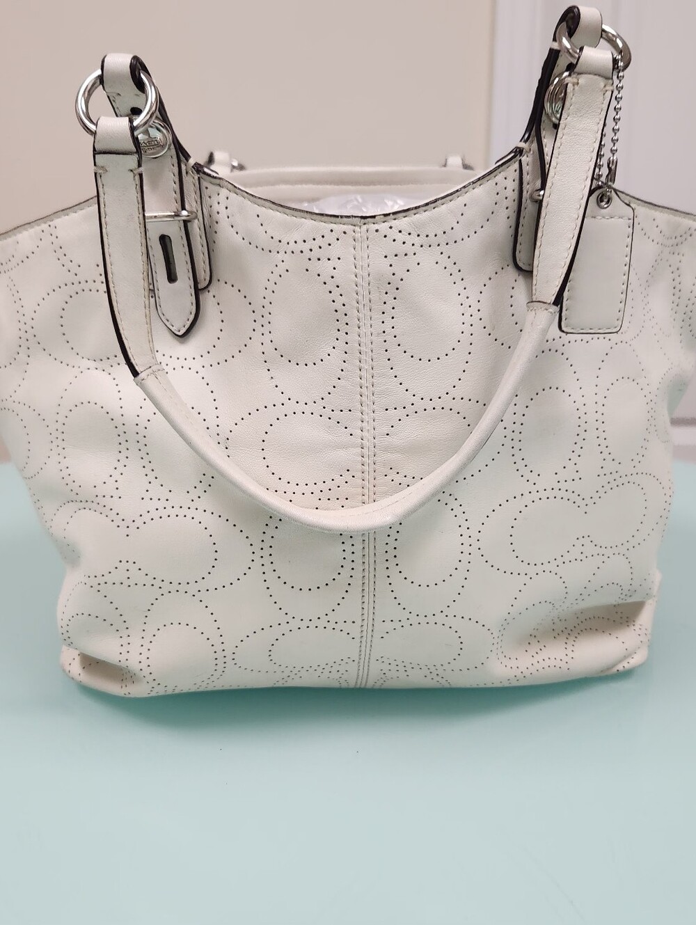 Coach White Perforated Leather Tote Bag